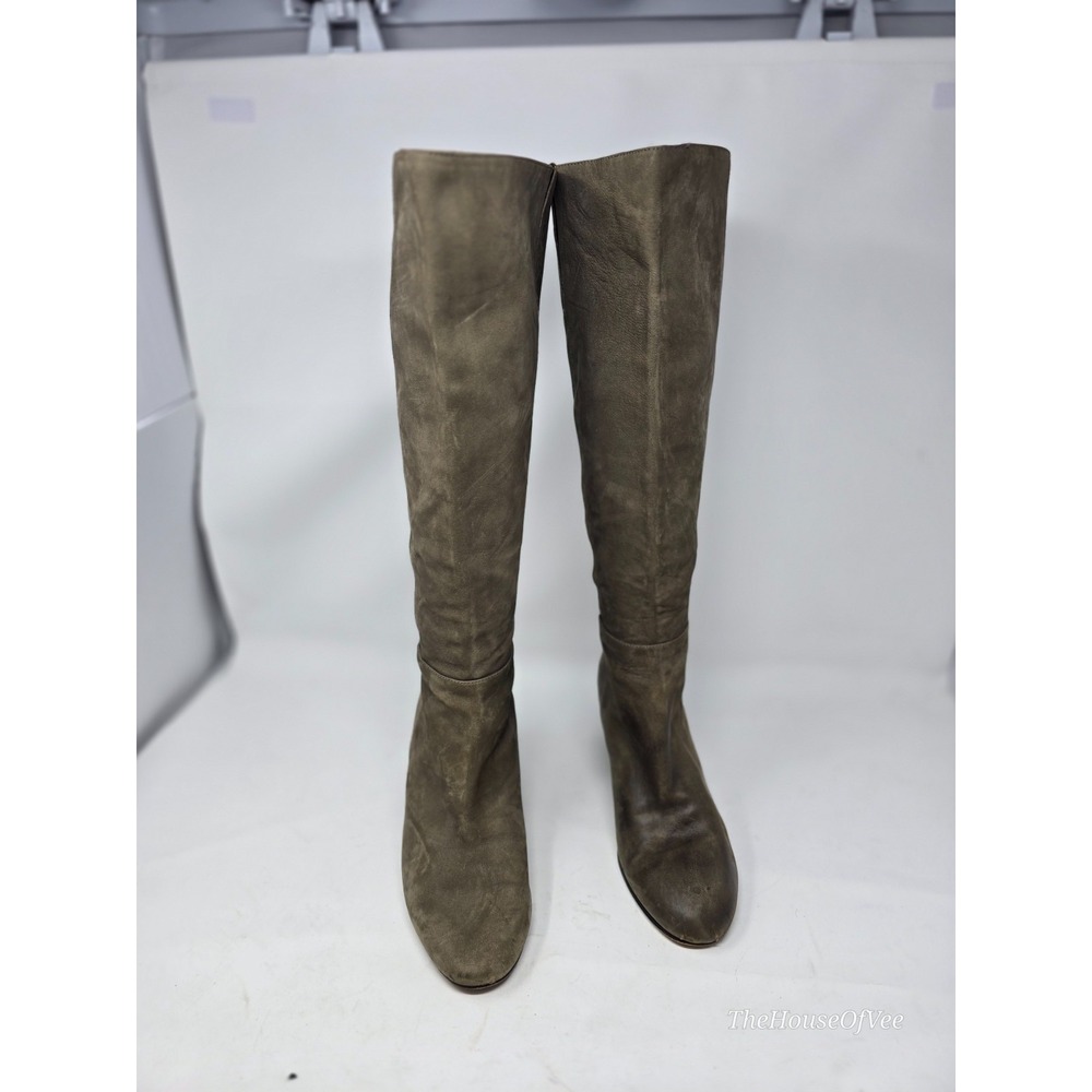 Eileen Fisher Olive Distressed Nubuck Tall Knee High Back Zip Boots Italy Sz 8